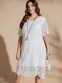 SHEIN LUNE 大码女式圆领短袖水溶性蕾丝连衣裙 - 白色 - 查看 3