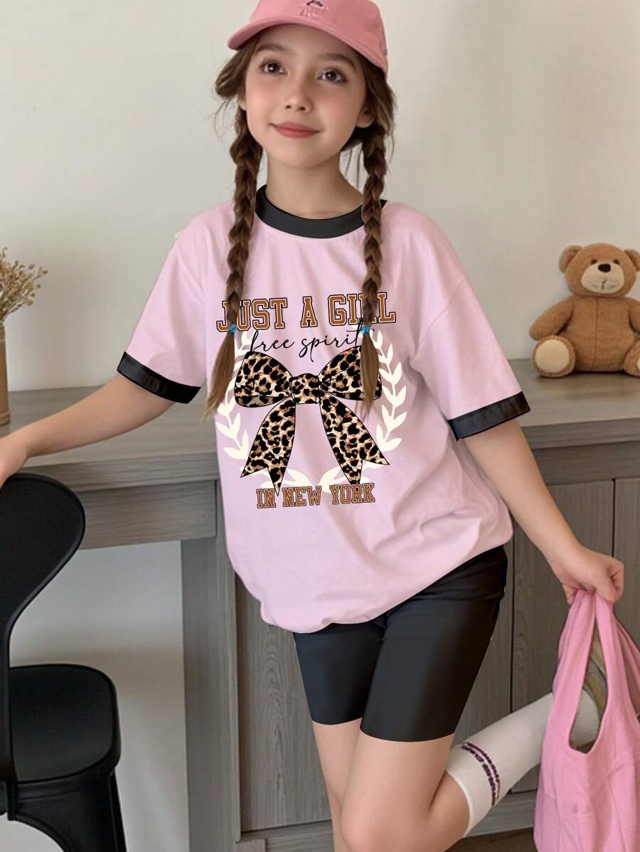 SHEIN Leap Crew 2pcs Set Tween Girls Casual Leopard Bow, Girl English Letter Print Short Sleeve T-Shirt And Shorts Set, Summer - Multicolor - View 1