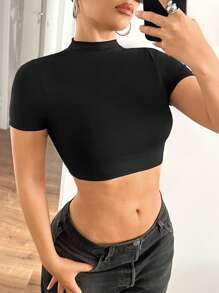 SHEIN ICON Y2K Casual Basic Fitted Backless Black T-Shirt - Black - View 4