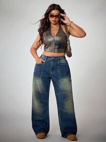 SHEIN ICON Quần jean ống đứng thêu rộng rãi, giặt thường ngày cỡ lớn phong cách cao bồi miền Tây mùa hè cho nữ - Rửa trung bình - Xem 3