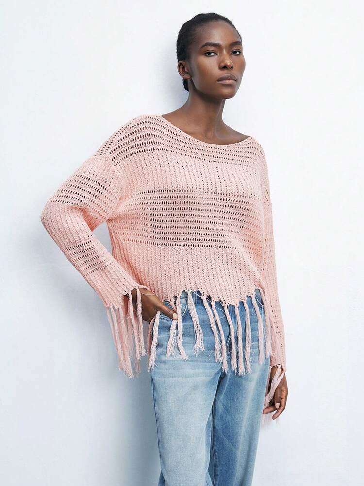 SHEIN Maija Women's Vacation Round Neck Hollow-Out Pattern Tassel Hem Drop Shoulder Long Sleeve Knit Pullover Top, Summer