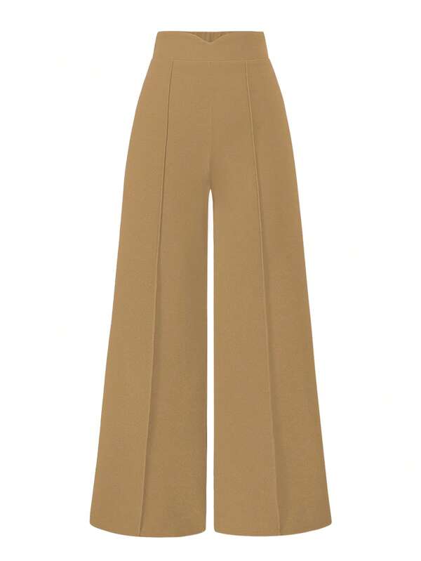 Plus Size Women Solid Color Toothpick Striped Wide Leg Pants, Fashionable Minimalist Casual And Versatile