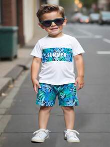 SHEIN Young Boy Tropical & Letter Graphic Tee & Shorts