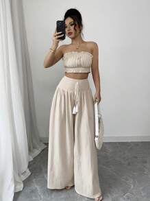 Elenzga Women's Vacation Outfit Set: Soft Cotton Apricot Cropped Tube Top + Loose Wide-Leg Long Pants - Apricot - View 1