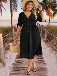 SHEIN VCAY Plus Size Plain Color Simple Stylish Short Sleeve Dress, Suitable For Summer - Multicolor - View 5