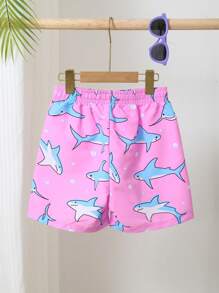 Tween Boy Summer Beach Swimsuit, Cartoon Shark Print Elastic Waist Drawstring Beach Shorts - Pink - View 2