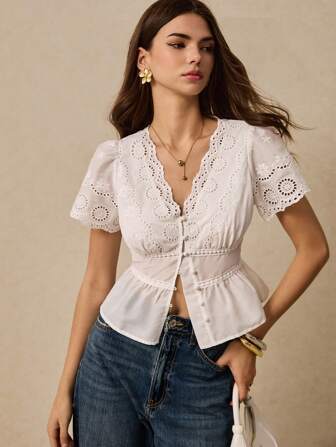 Poéselle Women's Embroidered Shirt Ruffle Hem Button Up Shirts Women's V-Neck Short Puff Sleeve Single-Breasted Casual Shirt With Embroidery Summer Tops Summer Women Boho Tops White Top Summer Spring Women Western Wear Women Summer Women Tops Summer Women Festival Cute Tops Y2k Summer Shirts Spring Tops Y2k Tops White Shirts