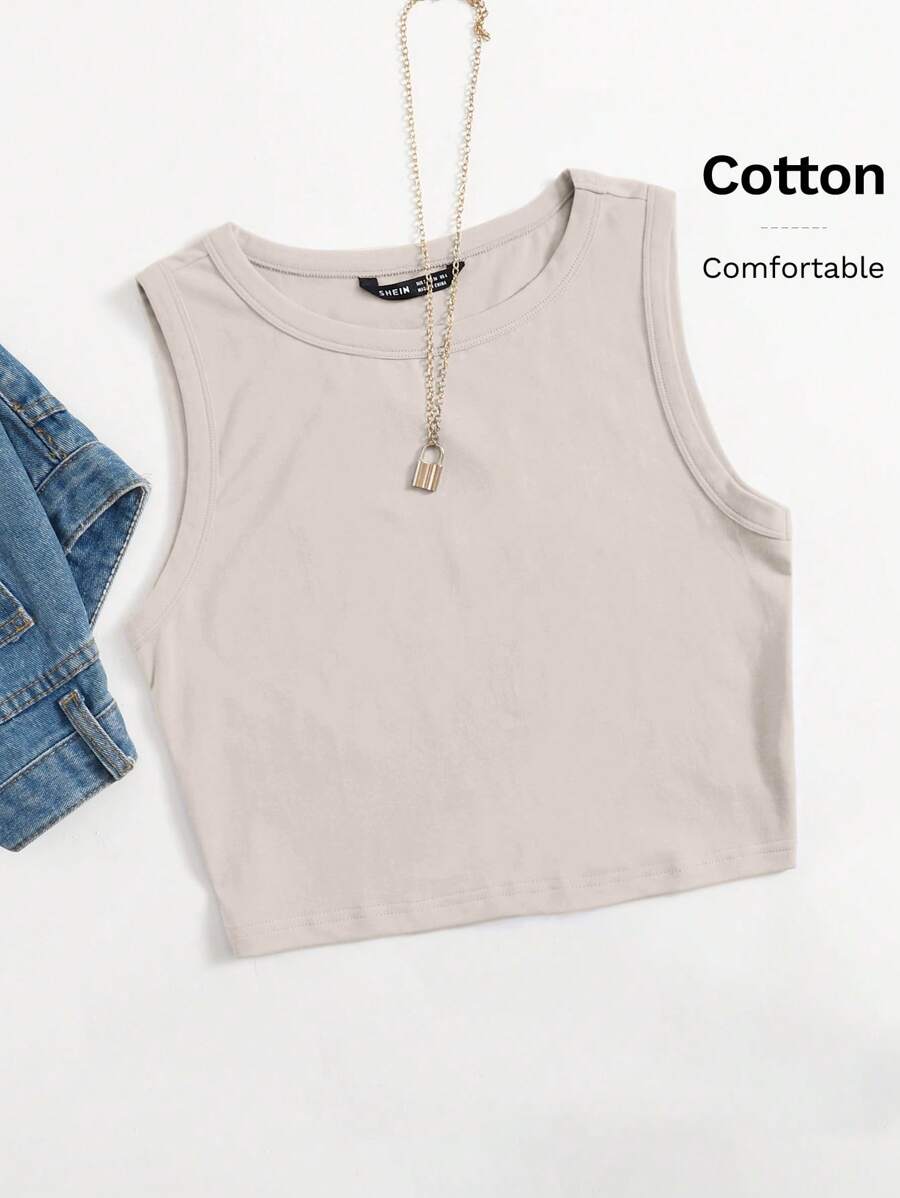 SHEIN EZwear Solid Crop Tank Top - Beige - View 1