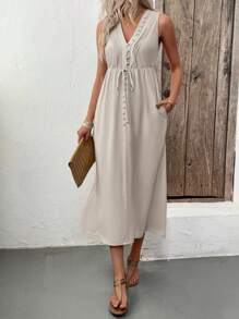 SHEIN Clasi Women's Button Decor Pocket V-Neck Sleeveless Mid-Length Dress - Khaki - View 3