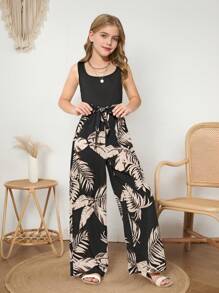 SHEIN 青少年女孩街头时尚针织和编织拼布印花连体裤 - 黑色 - 查看 5