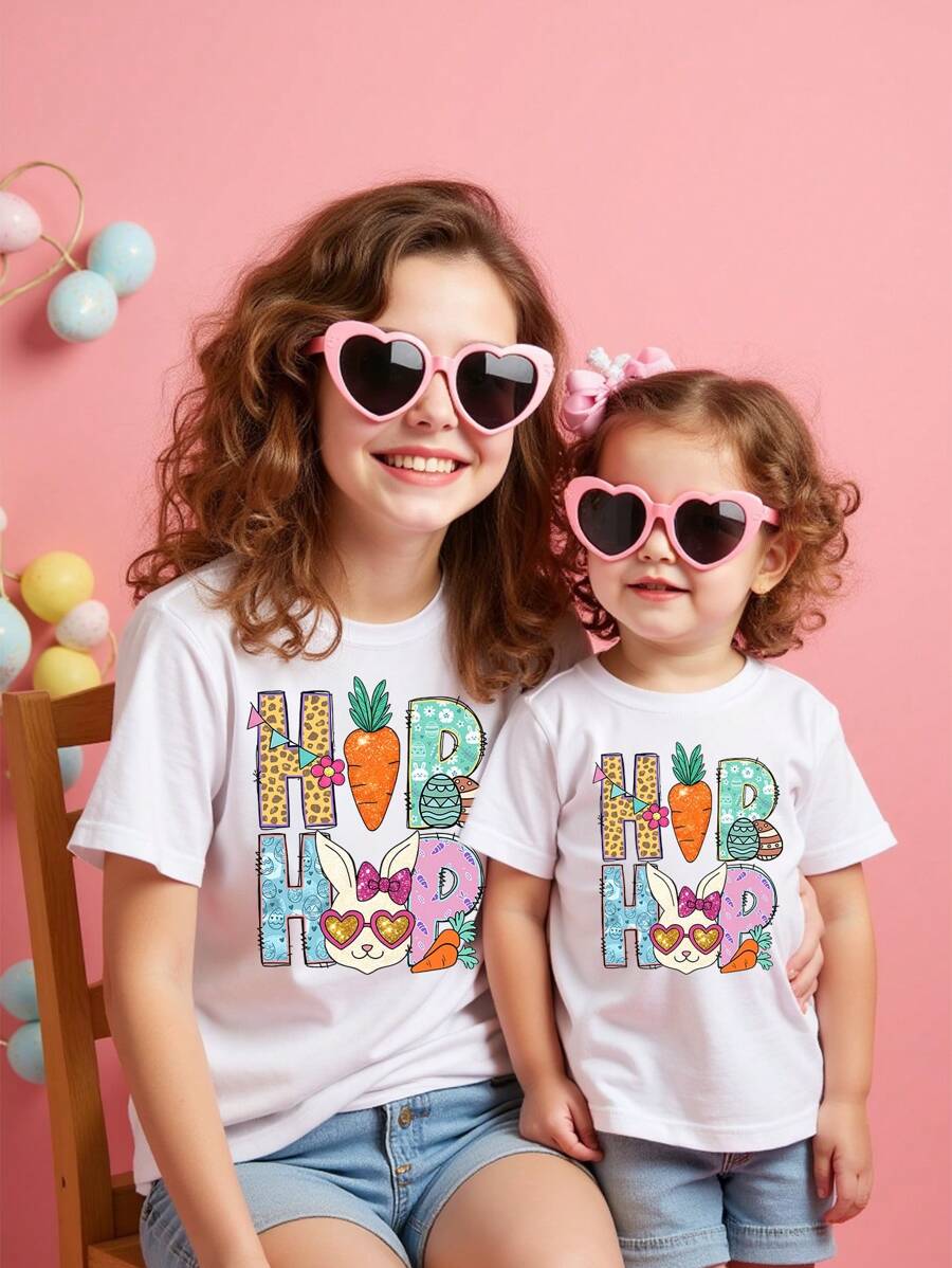 Baby Girl Easter Casual Fashion Creative Cartoon Holiday Sparkly Rabbit Shape Color Decorative Letter Slogan Graphic Print Tee, Sibling Matching - White - View 1
