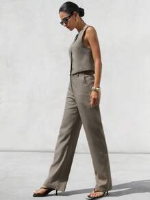 Aveloria Modichic 复古风格两件套：一件格子露肩背心和宽松阔腿裤，优雅的商务休闲装 - 卡其色 - 查看 2