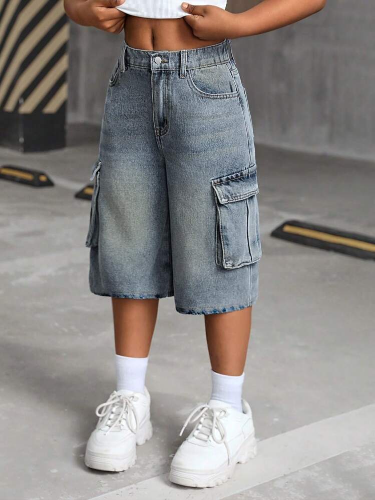 SHEIN Vintage Blue Loose Denim Shorts For Tween Girls - Light Wash - View 5