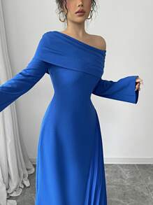 Elenzga Elegant Oblique Shoulder Asymmetric Hem Pleated Waist Solid Color Maxi Dress, Versatile For Commuting, Party, And Charm