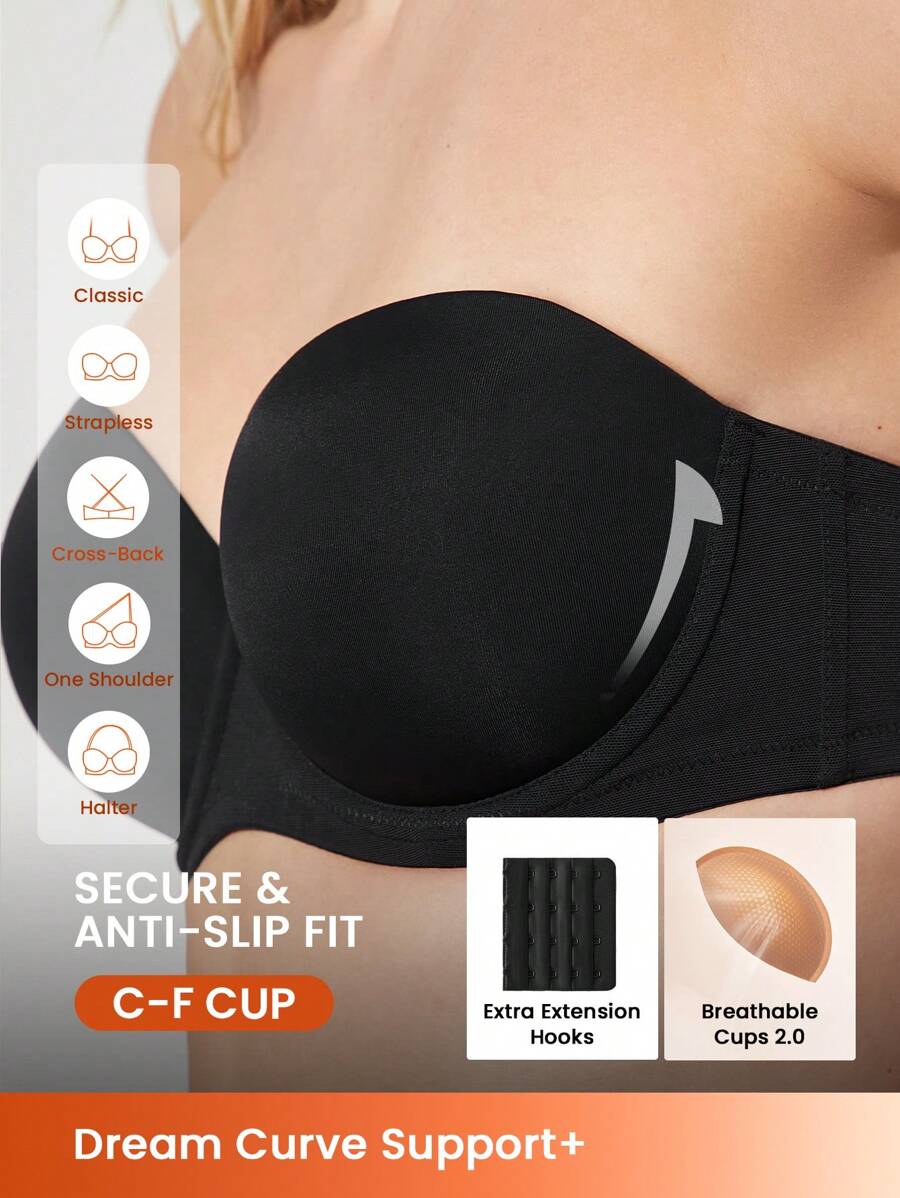 LUVLETTE ملابس داخلية نسائية سوداء قابلة للتنفس بدون أشرطة وبدون خياطة، صدرية دفع لأعلى بحمالة سلكية، ملابس داخلية كملابس خارجية أساسية، صدرية نصفية - الأسود - مشاهدة 1