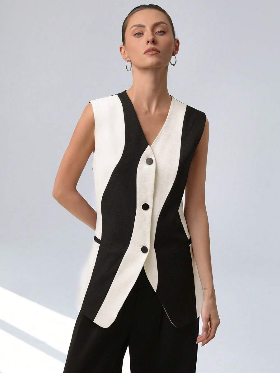 Aveloria Elegant Chic And Luxury Contrast Color, Texture And Geometric Pattern V-Neck Sleeveless Blouse, Versatile For Work And Casual Wear - Black - View 1