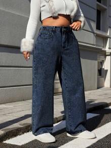 SHEIN ICON 大码前扣口袋蝴蝶刺绣简约休闲牛仔裤 - 霧霾藍 - 查看 6