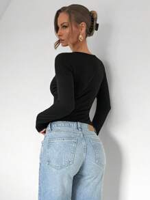 SHEIN PETITE Solid Color Asymmetrical Long Sleeve Fitted T-Shirt, Fashionable Commute Top Fall Cloth For Women - Black - View 2