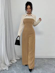 Chiquease 休闲百搭通勤连体裤，纽扣衬衫款式，开叉腰部撞色条纹细节，秋冬款