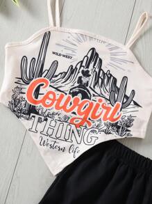 2025 Spring/Summer New Collection Casual & Comfortable Asymmetrical Hem Western Printed Camisole Top Paired With Black A-Line Pants, Tween Girl 2 Pieces Set, Suitable For Daily Wear, Outings, And Family Gatherings