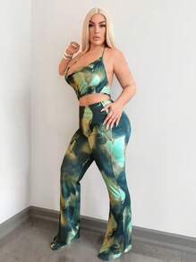 SHEIN SXY Plus Size Women Sexy  Streetwear Gyanu Y2K Bleach Print Plunge Neck Backless Waist Cutout Metallic Ring Romper, Suitable For Everyday Wear, Date Night, Birthday, Bachelorette Party Outfit, Elegant, Casual, Shopping, Streetwear, Going Out, , Easy To Match & Looks Slim, Accentuates Your Body, Flatters The Figure