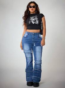 SHEIN ICON Pantalones casuales de mezclilla cargo lavados con múltiples bolsillos en talla grande - Azul lavado medio - Ver 6