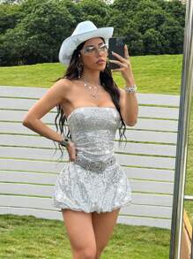 Muchica Women Solid Color Sequin Glamorous Fashion Strapless Mini Dress