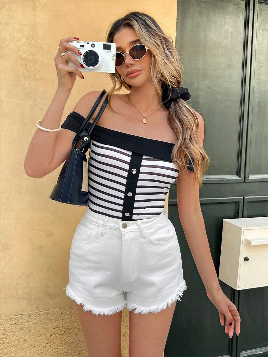 Chiquease Women's Button Design Black & White Striped Off Shoulder Patchwork T-Shirt - Black and White - View 1