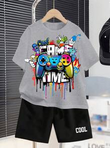 SHEIN Leap Crew 2pcs/Set Tween Boys Casual Minimalist Round Neck Short Sleeve T-Shirt And Shorts Set, Suitable For Summer