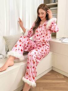 Dream Adore 2 piezas Pijama de mujer con estampado de oso de peluche y corazón lindo