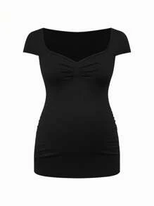 SHEIN Maternity Solid Color Short Sleeve T-Shirt, Minimalist Fashion Suitable For Summer - Multicolor - View 3