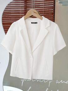Flirla Plus Size Solid Color Open Front Button Flap Pocket Short Sleeve Blazer