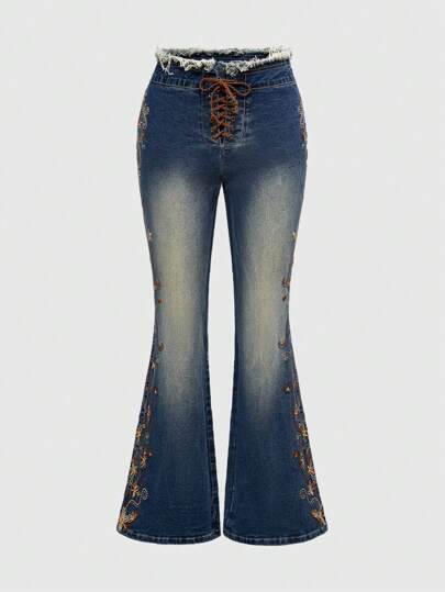 Fairycore السراويل جينز ذات الخصر المنخفض المطرزة بطراز الستينيات الراقص البوهيمي للنساء