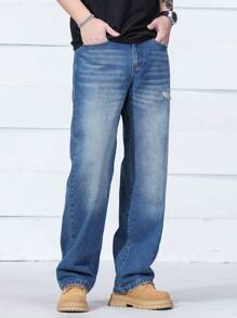 Manfinity EZcore Men's Medium Wash Denim Jeans: Long Zipper Fly Relaxed Fit With Distressed Detail - Medium Wash - View 1