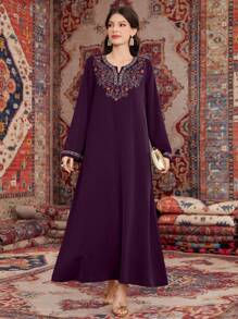 Al Najma 女士植物刺绣 V 领长袖宽松阿拉伯风格连衣裙，端庄的卡夫坦 - 紫色 - 查看 6