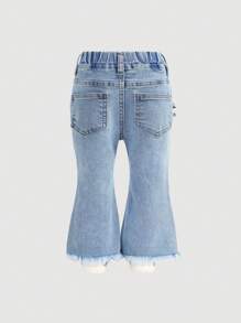 SHEIN Baby Girls' 2025 New Denim Flare Pants With Bow Accent - Light Wash - View 2
