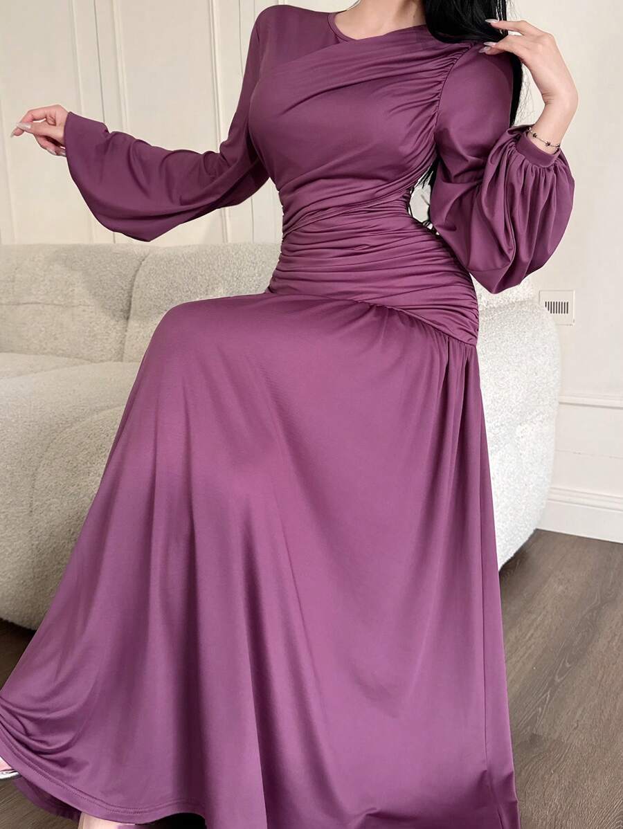 Modelyn Women's Elegant Solid Color Ruched Lantern Sleeve Purple Dress - Purple - View 1