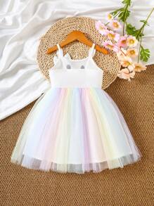 Young Girls Cute Rabbit Graphic Rainbow Mesh Patchwork Spaghetti Strap Dress With Bow Decor, Suitable For Spring/Summer Holiday, Outdoor, Party, Photo Shooting - White - View 2