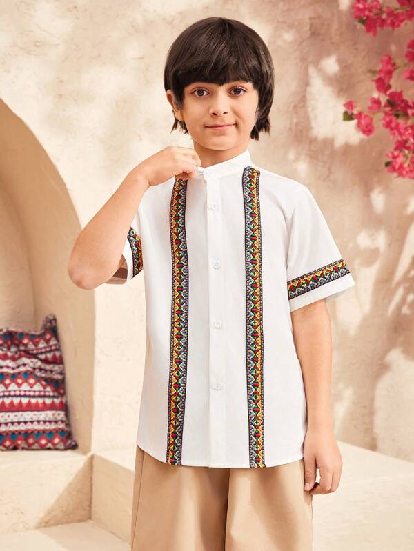 SHEIN Tween Boy Woven Tape Stand Collar Short Sleeve Shirt, Suitable For Autumn, Spring, Summer, Outdoor Play, School, Street, Party And Casual Wear