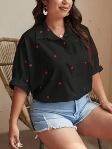 Elaquor 大码女式心形印花短袖纽扣休闲衬衫 - 黑色 - 查看 1
