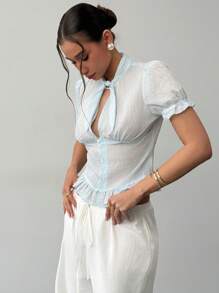 Aloruh Camiseta casual de verano con cuello fruncido y mangas de globo de color liso, decorada para mujer, color azul claro con botones - Amarillo - Ver 7