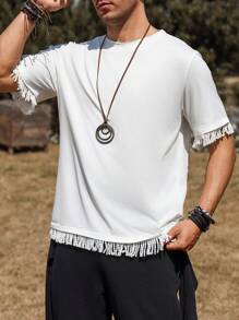 Genlund Camiseta blanca casual casual de hombre con decoración de flecos de unicolor - Blanco - Ver 5