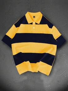 Manfinity Homme Camisa polo casual, de manga corta y holgada, con estampado de rayas para hombres, regalo para el novio, para todas las estaciones