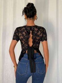 Rafferiza Áo thun nữ hở lưng buộc dây tay ngắn thời trang - màu đen - Xem 2