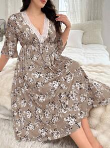 Plus Size Lace Cross V-Neck Floral Nightgown, For Fall, Cozy Outfit - Multicolor - View 1