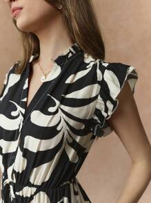 Écloséra 大码女式全印花盖袖连衣裙，优雅的法式风格 - 黑色 - 查看 3