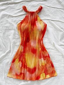 Soleia 女士彩色扎染花卉印花褶皱 A 字形宽松迷你连衣裙，度假装 - 彩色 - 查看 5