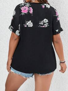 SHEIN LUNE Plus Floral Print Flounce Sleeve Tee Graphic Tees Women Tops - Multicolor - View 2