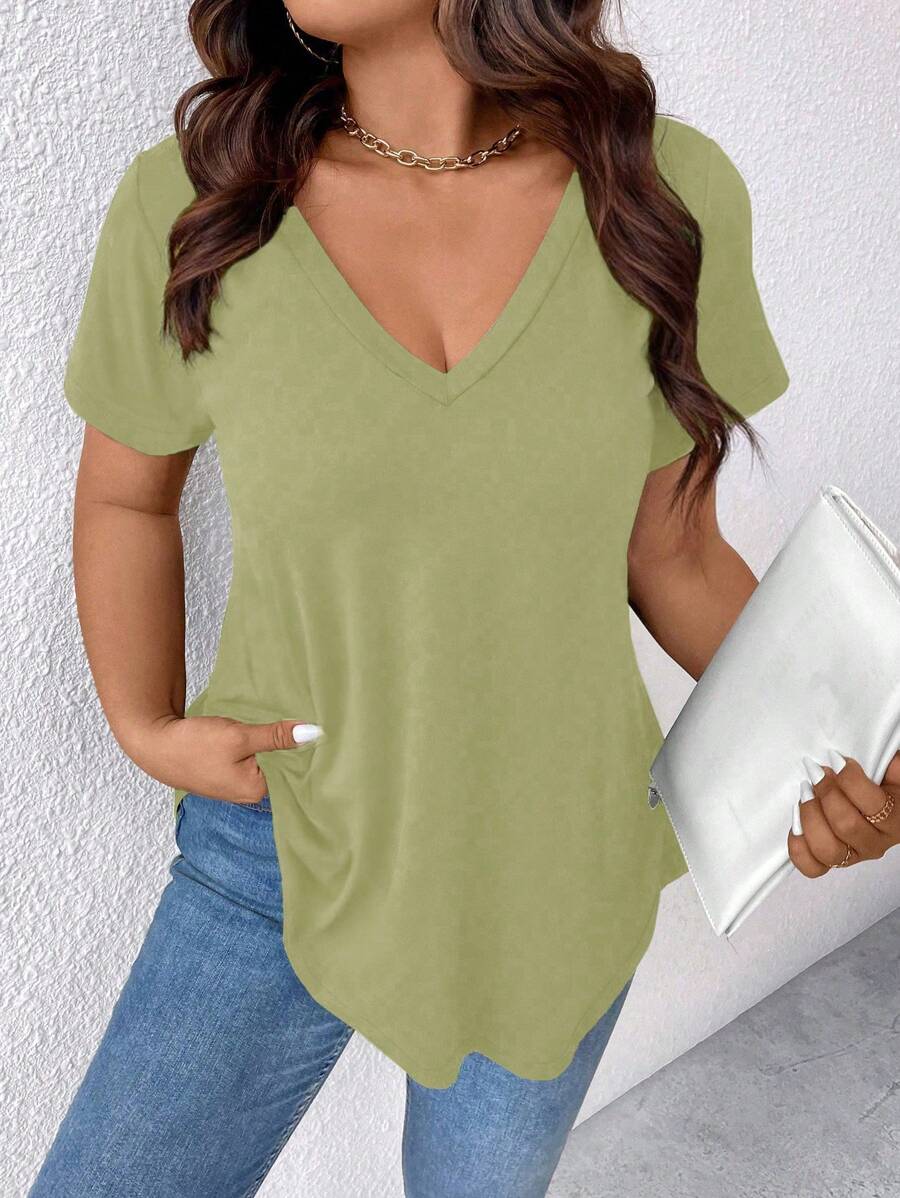 大码 V 领短袖 T 恤，纯色简约时尚 - 綠色 - 查看 1