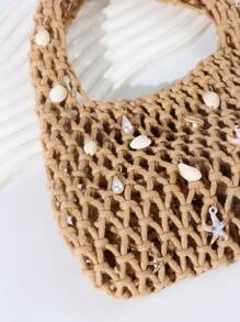 ROMWE Fairycore 1 Set Khaki Color Ocean Shell Starfish Woven Beach Tote Bag With Accessories, Fashion & Personalized Beach Holiday Style Handbag For Women (Includes 1 Bag & 1 Set Of Accessories)